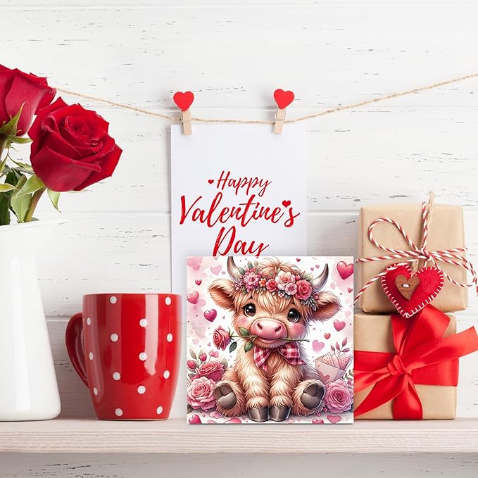 Valentine's wooden decor sign with 'Happy Valentine's Day' and Highland cow artwork