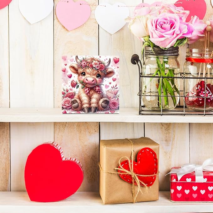 Valentine's wooden decor sign with Highland cow surrounded by roses and hearts
