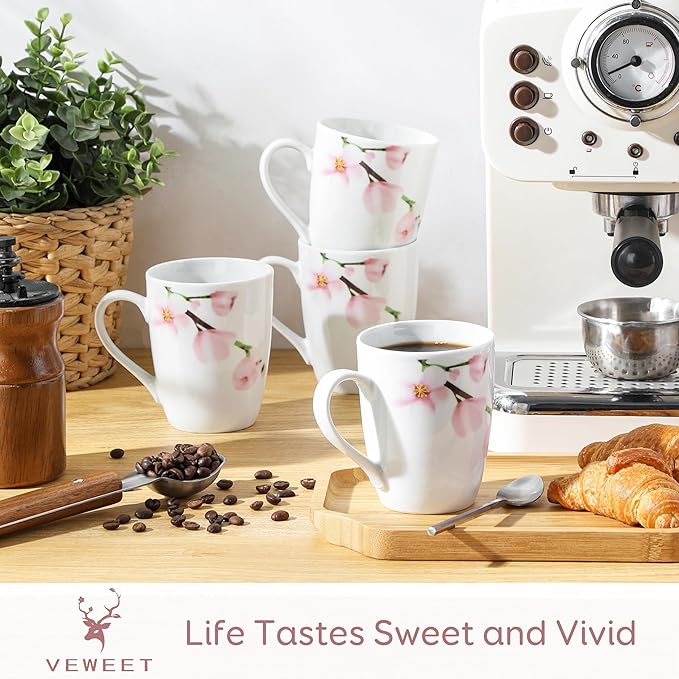 Floral ceramic coffee mugs set, white cups with pink flower design and handles