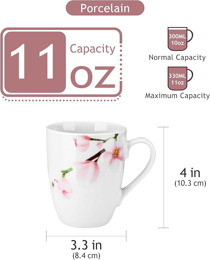 White porcelain coffee mug with pink floral design, 11 oz capacity