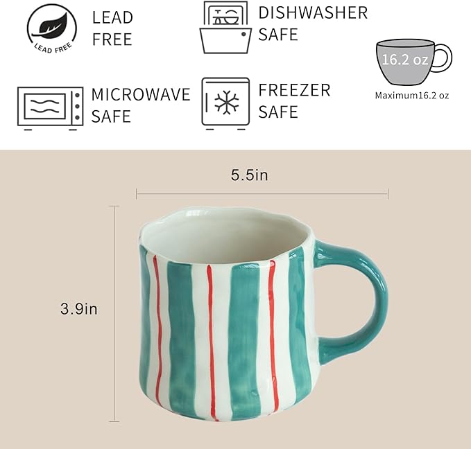 Teal and red striped ceramic coffee mug, 5.5 in tall; microwave and dishwasher safe