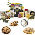 Assorted gift basket with black handbag, tea boxes, cookies and pastries, snack plates
