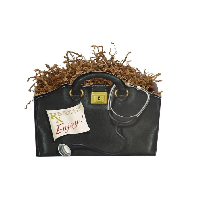 Black handbag gift basket with gold lock charm, paper tag and shredded filler