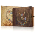 Vintage guest book album open flat, kraft pages with central floral wreath title