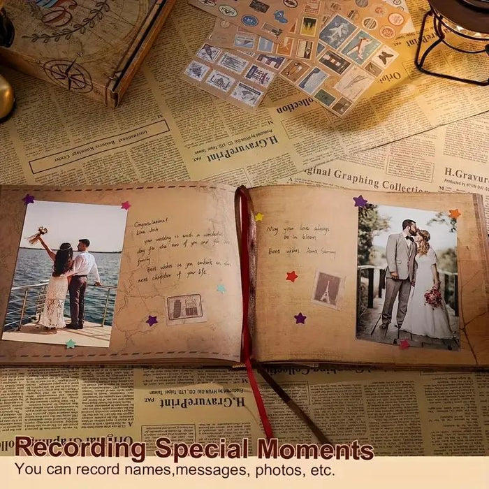 Vintage guest book pages open with notes, star stickers, and photo slots on kraft paper