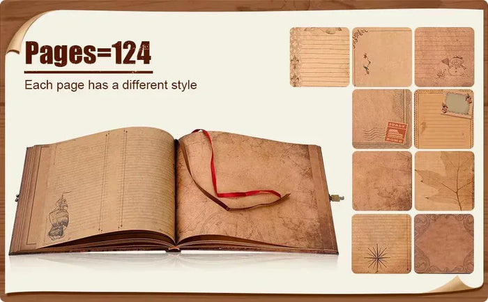 Vintage guest book album open to kraft pages, 124-page design shown