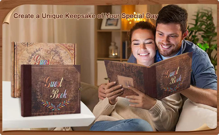 Vintage guest book set on table, featuring kraft album cover with floral wreath title