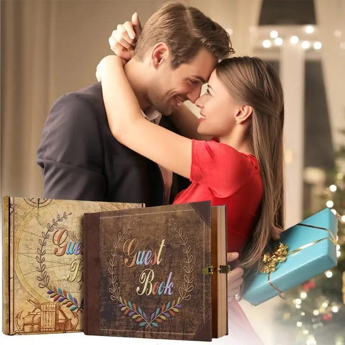 Vintage guest book album with kraft cover and floral wreath title, held by couple