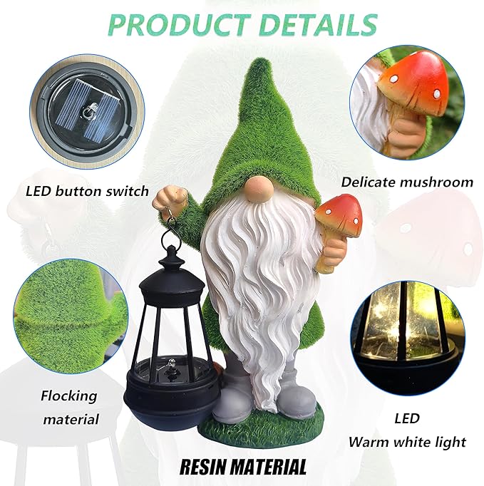 Resin solar gnome statue detail view: warm white lantern light and mushroom accessory