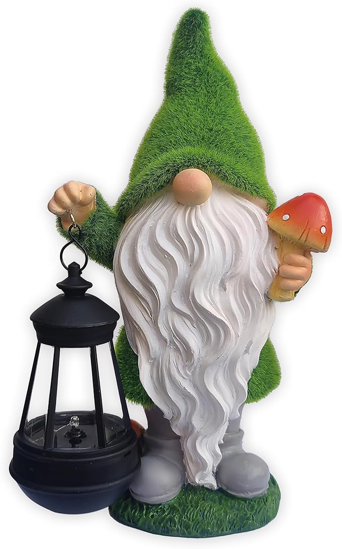Solar gnome figurine on base with green hat, white beard, mushroom in hand and lantern