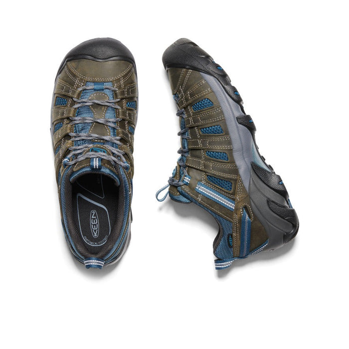 Keen Voyageur hiking shoes in olive green and blue with breathable mesh panels and durable leather overlays, top and side view.