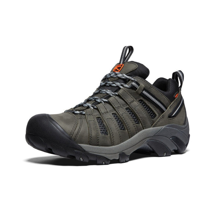 Keen Voyageur hiking shoes in dark olive with breathable mesh panels, durable leather upper, and rugged outsole, front angle view.