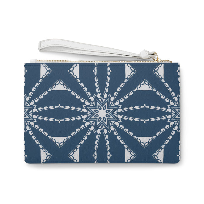 Walkin' On Sunshine Clutch Bag - Bold Retro Memphis Graphic Wristlet in Navy Blue with Chain Lattice Pattern, Sunshine Positivity Gift for Her