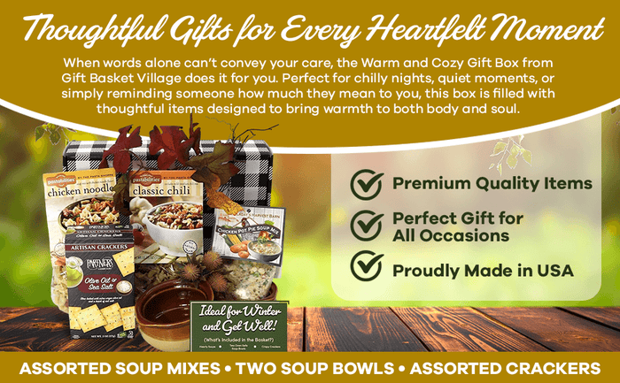 Gift box promo graphic listing premium quality items and assorted soup mixes and bowls.