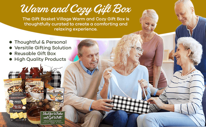 Gift box promotional layout with family scene and soup mixes, crackers, and two bowls.