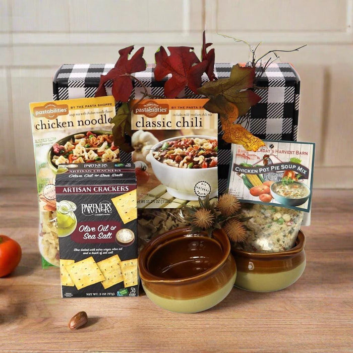 Assorted soup and cracker gift box with two soup bowls and packaged soup mix containers.