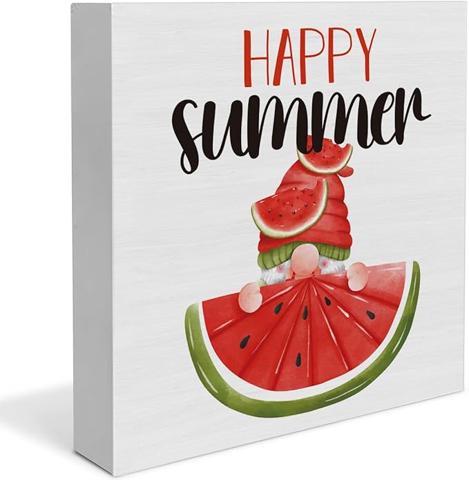 Happy Summer wooden farmhouse sign with watermelon gnome and red cursive text