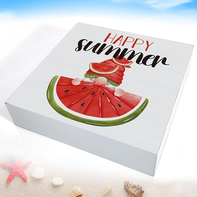 Happy Summer square wooden sign with watermelon gnome artwork, angled view