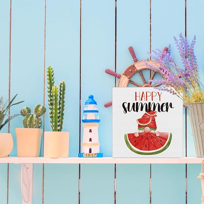 Happy Summer square wooden sign with watermelon slice gnome, red hat and green rind