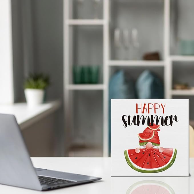 Happy Summer square wooden sign with watermelon slice gnome, centered front artwork
