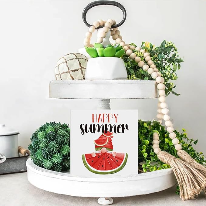 Happy Summer square wooden sign with watermelon gnome, displayed on a white stand