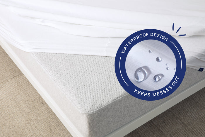 Corner view of a waterproof mattress protector on a bed. A badge on the image says "Waterproof design. Keeps messes out."