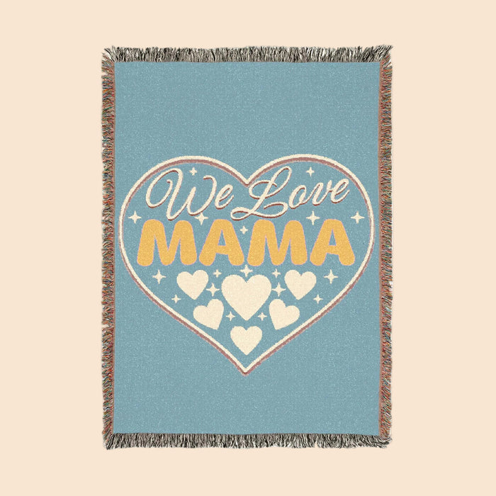 We Love Mama Woven Cotton Blanket – Retro Boho Heart Design | 100% Cotton with Fringed Edges | 3 Sizes | Mother’s Day Gift for Mama
