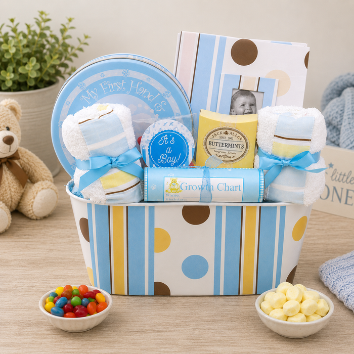 Blue striped baby gift basket with polka dots, baby items and blue ribbon, front view