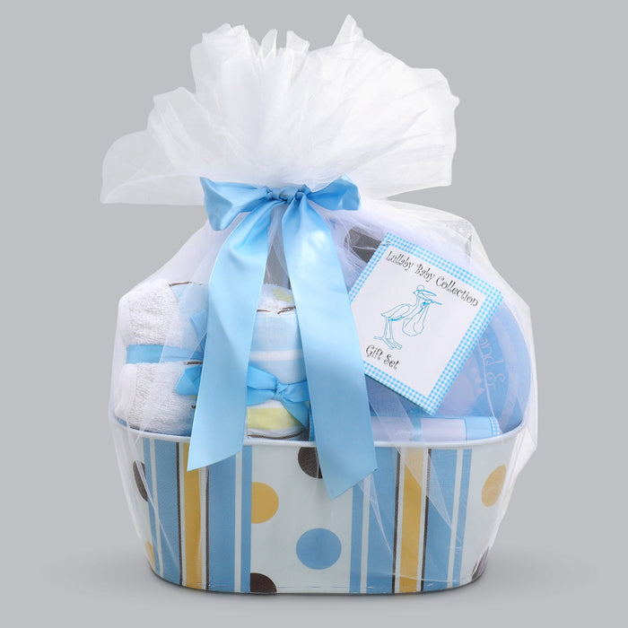 Blue striped baby gift basket tied with a light blue bow, wrapped baby items