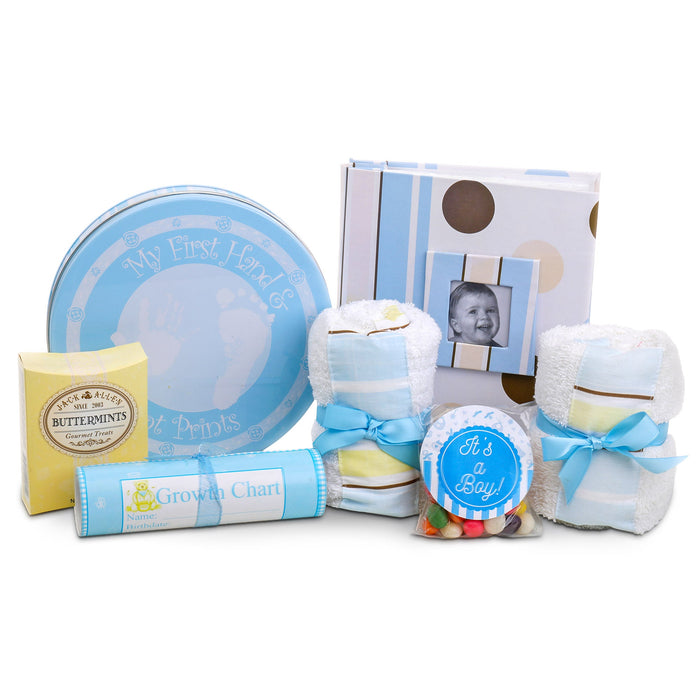 Blue striped baby gift basket set with keepsake tin, photo card, diapers, and baby items