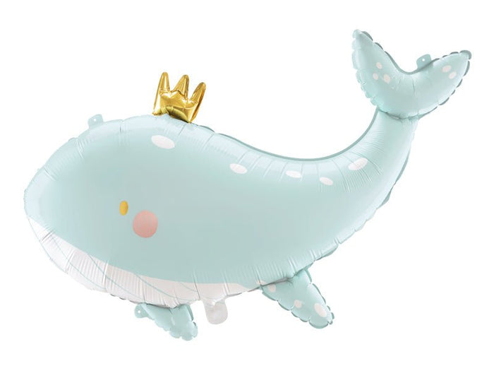 Light blue whale-shaped balloon with pink and yellow dots