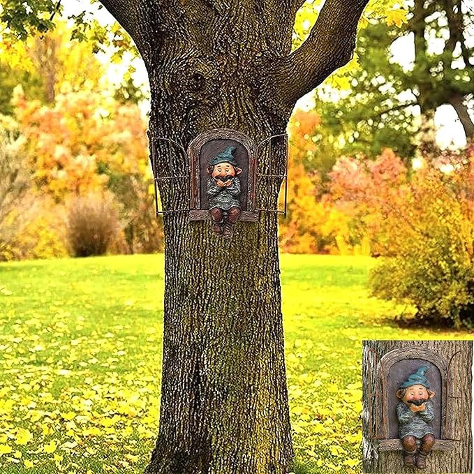 Garden gnome statue mounted on tree trunk with arched doorway and side bars