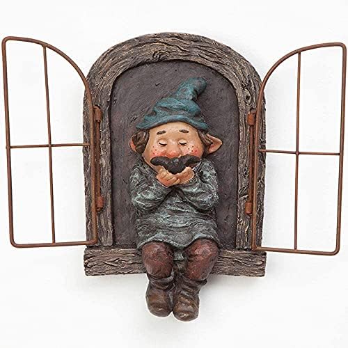 Garden gnome statue with teal cap and beard, framed by arched trunk door and side bars