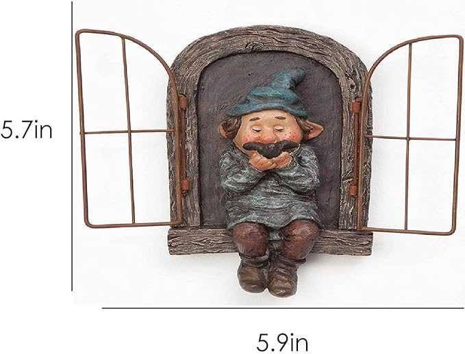 Garden gnome statue front view with teal hat and beard, set into arched tree door