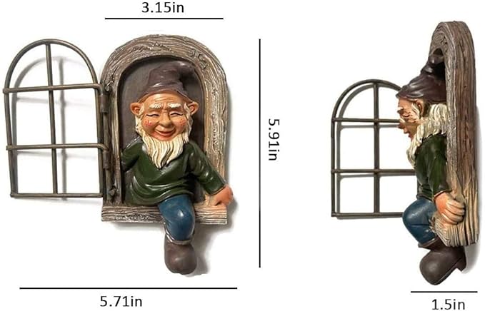 Small garden gnome statue with arched window, front and side profile with inch measurements