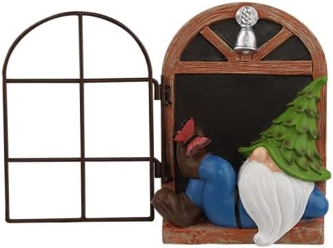 Wooden arched garden window with black panel, blue gnome, and green tree ornament