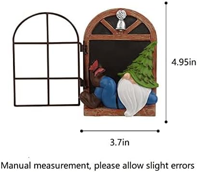 Measured outline of tree-mounted garden window decor with gnome and green tree, 4.9in