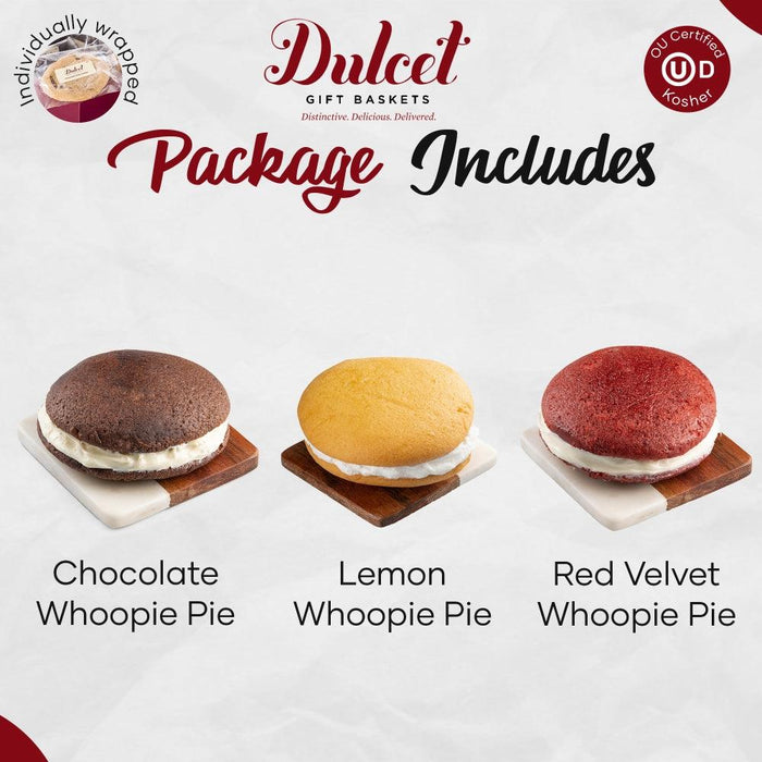 Whoopie pie assortment with chocolate, lemon, and red velvet pies