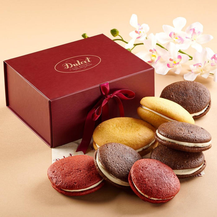 Whoopie Pie Assortment in red gift box with ribbon and assorted sandwich cookies
