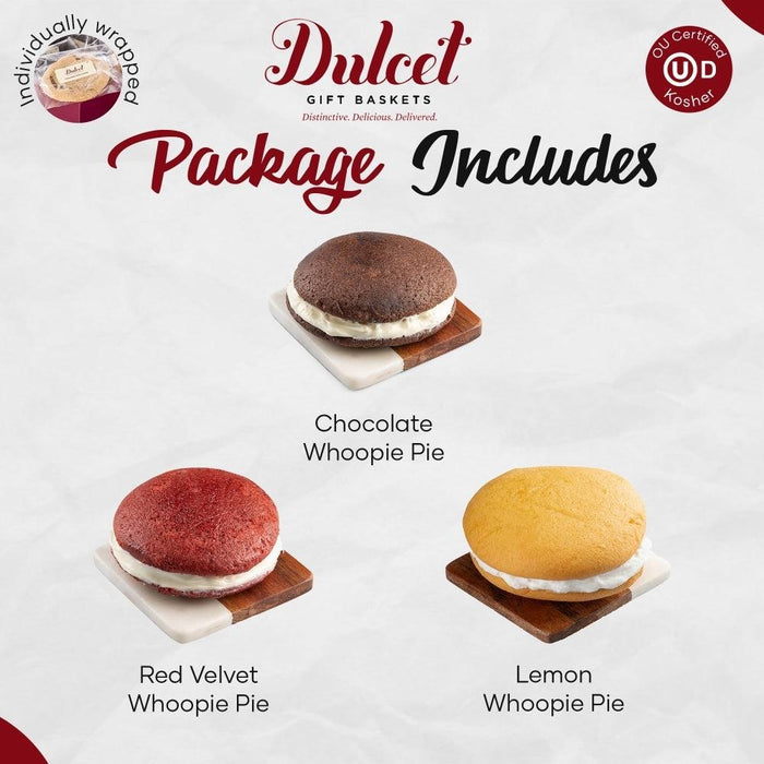 Assorted whoopie pies: chocolate, red velvet, and lemon sandwich cookies