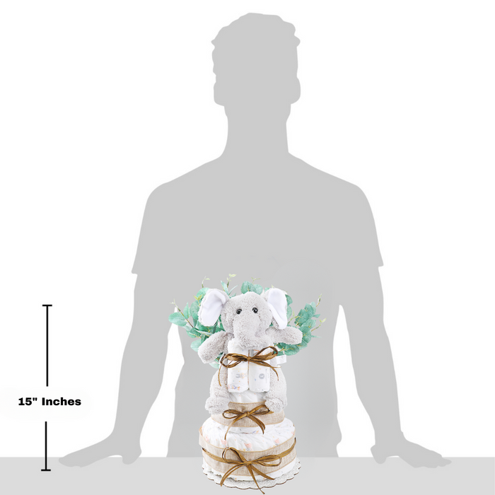 Two-tier baby diaper cake with plush elephant, leaf accents, ribbon ties (15-inch height)
