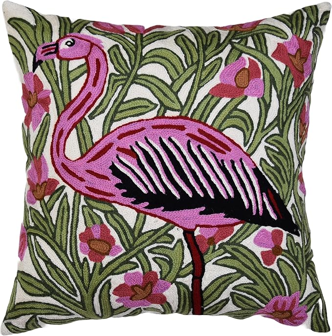Flamingo floral embroidered pillow cover, multicolor stitched design on cream base
