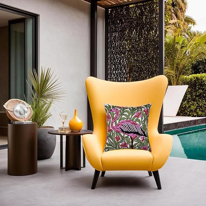 Flamingo floral embroidered pillow cover with pink bird and green leaf pattern