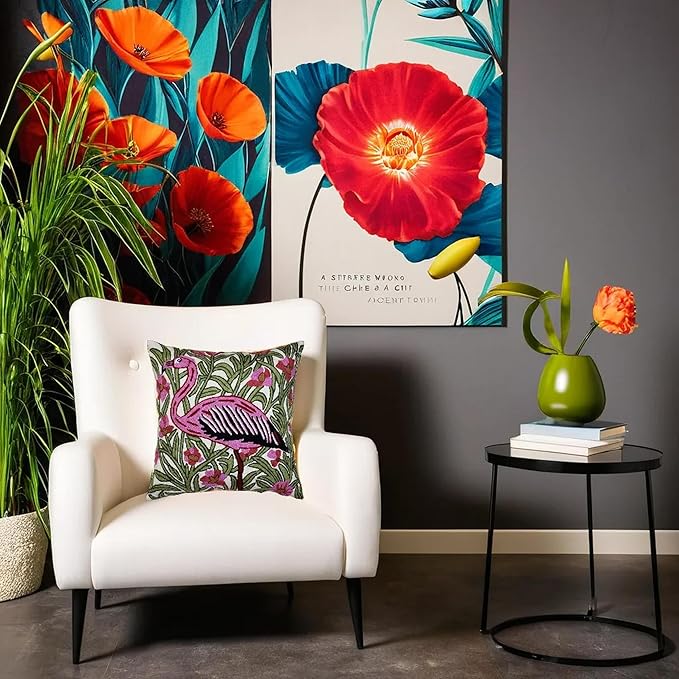 Flamingo floral embroidered pillow cover, colorful stitched flowers and foliage