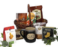 Father's gift basket with assorted snacks, mug, and dip mix in a wicker basket