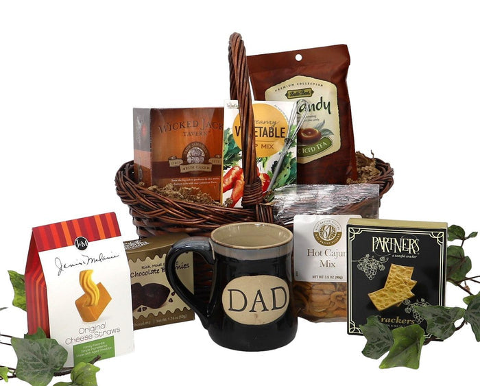 Father's gift basket with assorted snacks, mug, and dip mix in a wicker basket