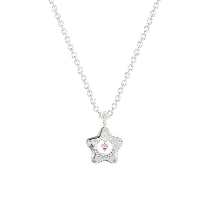 Star pendant necklace with silver chain and a star frame with a pink center stone