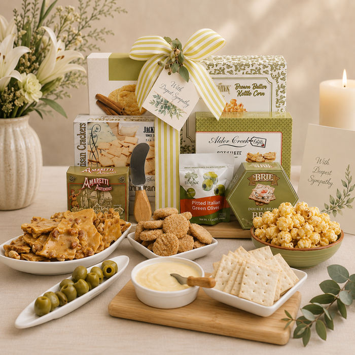 Gift basket with cutting board, assorted snacks and cheeses, and green-striped bow