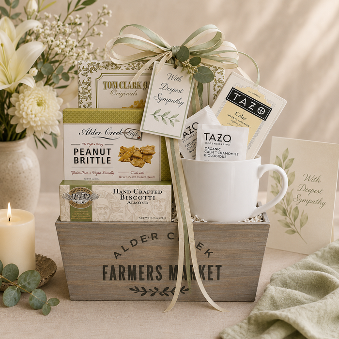 With Sympathy gift basket with mug, tea pouches, and snack boxes in wooden tray