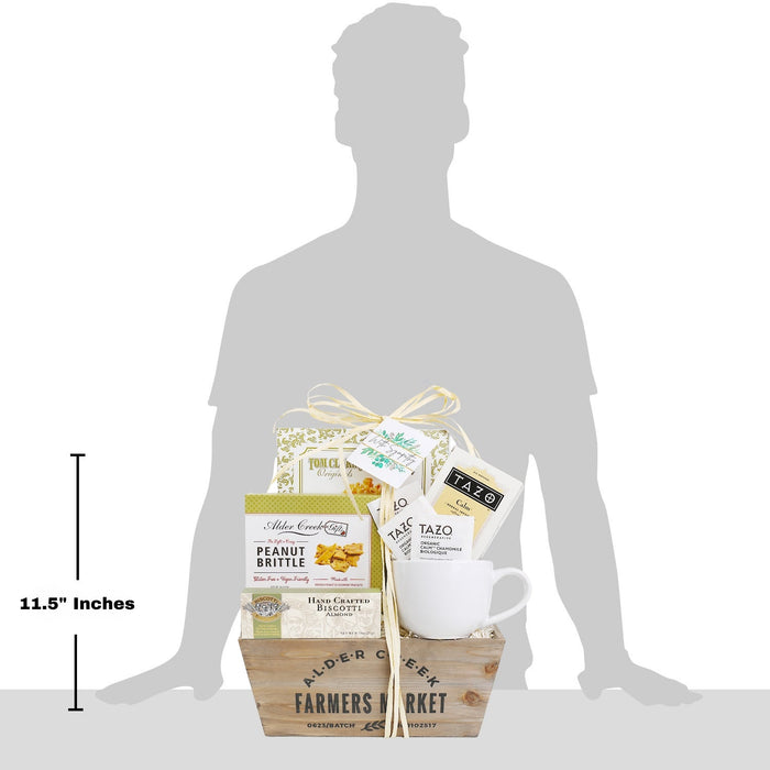 With Sympathy gift basket, 11.5 in tall, with mug and tea/snack boxes in crate